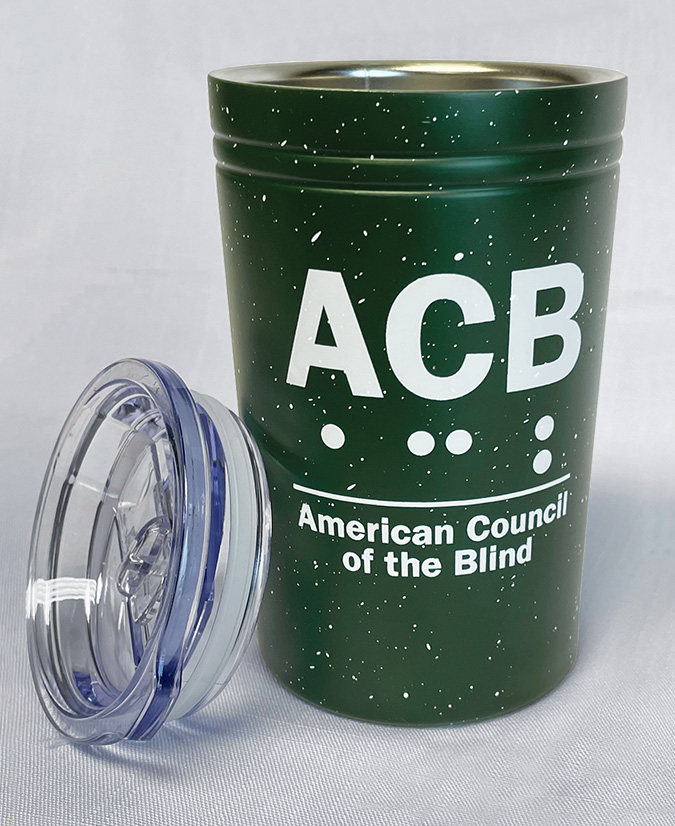 Green tumbler with white speckles and ACB logo - front view with lid at side