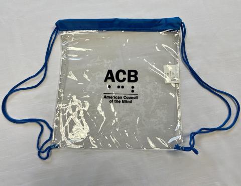 Clear drawstring bag with ACB logo and royal blue trim